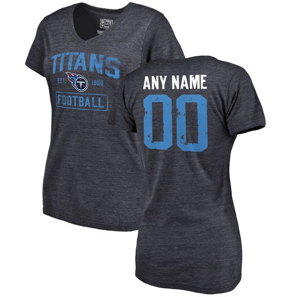 Women Navy Tennessee Titans Distressed Custom Name and Number Tri-Blend V-Neck NFL T-Shirt->nfl t-shirts->Sports Accessory